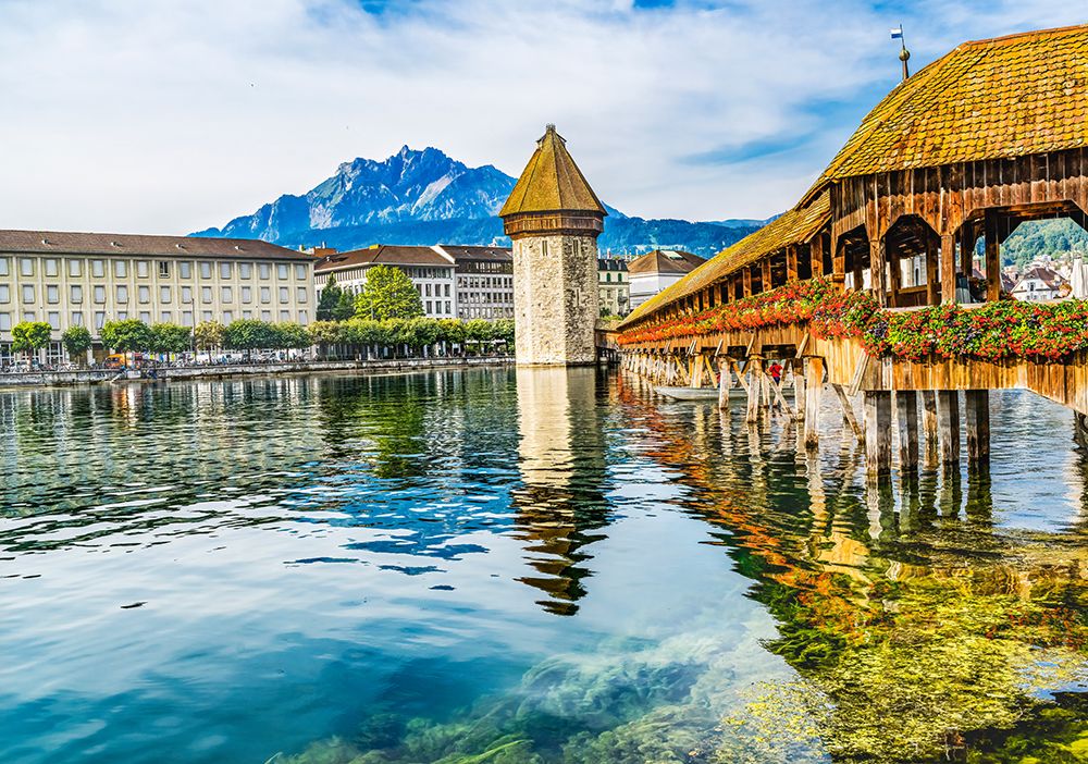 Kapellbrucke over Reuss River-Lucerne-Switzerland. Built in 1365 almost burned down in 1993.